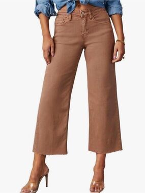 Allimy Distressed Denim Capri Jeans Size 12 Dark Tan | Raw Hem | Casual Stretch